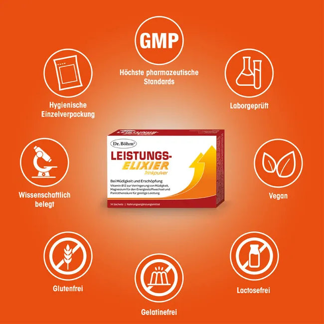 Dr. Böhm Leistungselixier | Arginine, Taurine, Ginseng & Caffeine | Energy, Mental Performance & Fatigue Support | Vegan | 14 Sachets | PZN 13164542