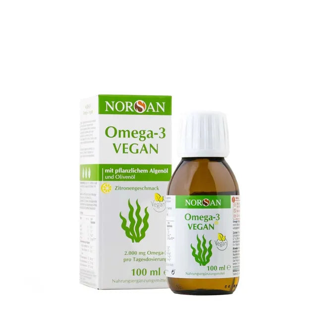 NORSAN Omega-3 Vegan Algae Oil | 2,000 mg Omega-3 EPA & DHA + Vitamin D3 | Lemon Flavour | 100% Vegan | 100 ml | PZN 13476394