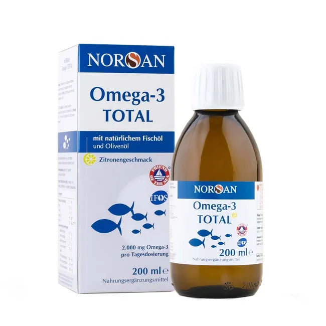 NORSAN Omega-3 Total Lemon 200 ml | 2,000 mg Omega-3 with EPA, DHA & Vitamin D3 | Natural Fish Oil PZN 13476520