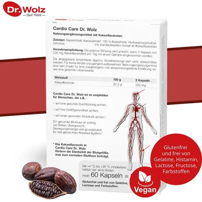 Cardio Care Dr. Wolz 60 Vegan Capsules | 200 mg Cocoa Flavanols | Supports Healthy Blood Flow & Vascular Elasticity PZN 13584729