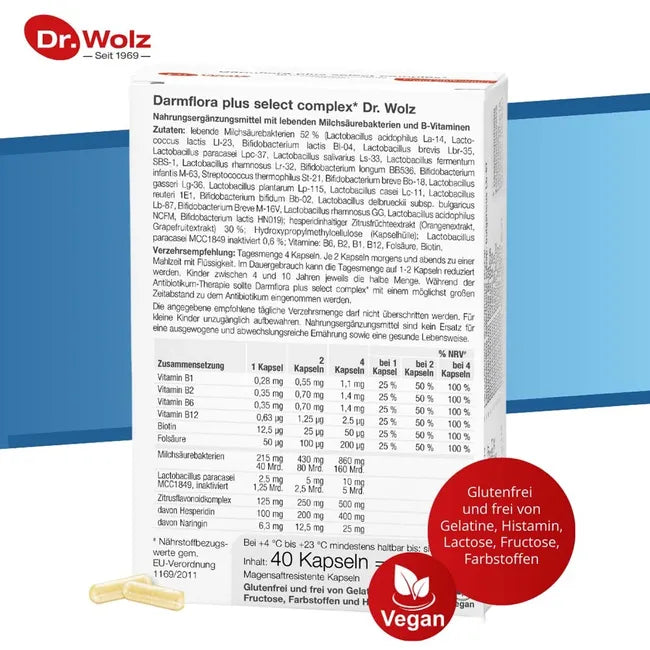 Dr. Wolz Darmflora Plus Select Intens | 22 Probiotic Bacterial Strains + B Vitamins | Gastro-Resistant | 40 Capsules | PZN 13839419