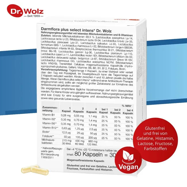 Dr. Wolz Darmflora plus select intens | 22 Bacterial Strains + 120 Billion Live Cultures & B Vitamins | 80 Capsules | PZN 13839425