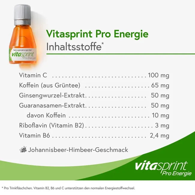 Vitasprint® Pro Energie | 75 mg Caffeine + Ginseng, Guarana & B Vitamins for Concentration & Energy | 24 Drinking Bottles | PZN 14050266