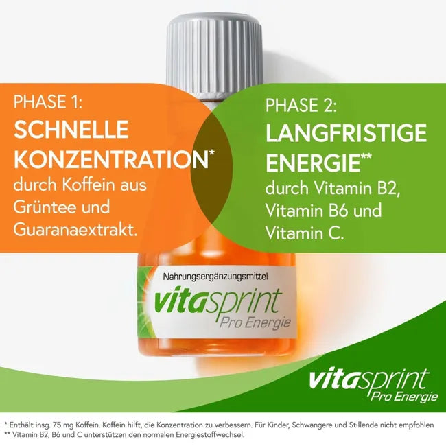 Vitasprint® Pro Energie | 75 mg Caffeine + Ginseng, Guarana & B Vitamins for Concentration & Energy | 24 Drinking Bottles | PZN 14050266