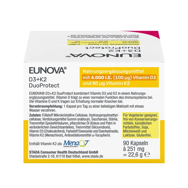 EUNOVA D3 + K2 DuoProtect 4,000 IU | Vitamin D3 100 μg + Vitamin K2 80 μg | Immune & Bone Support | 90 Capsules | PZN 14133561