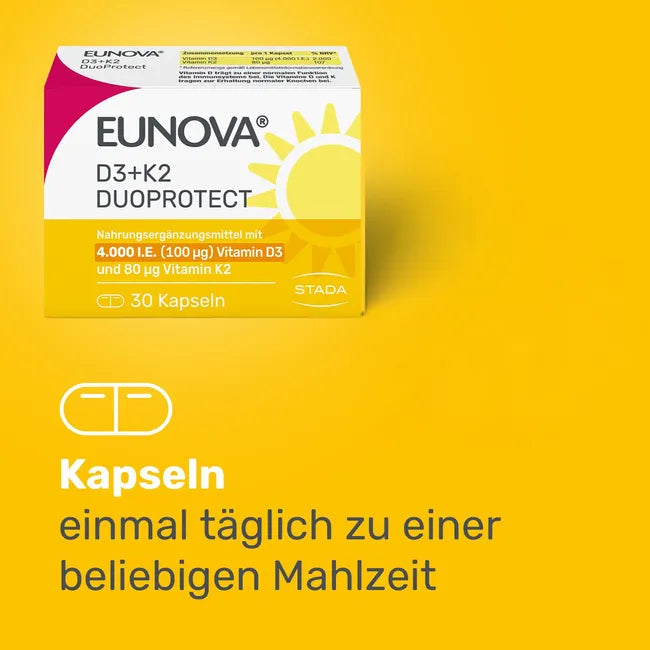 EUNOVA D3 + K2 DuoProtect 4,000 IU | Vitamin D3 100 μg + Vitamin K2 80 μg | Immune & Bone Support | 90 Capsules | PZN 14133561
