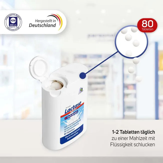 Avitale Lactase 28,000 FCC Tablets 80 Vegan Tablets Click Dispenser | High Strength Lactase Enzyme PZN 14275611
