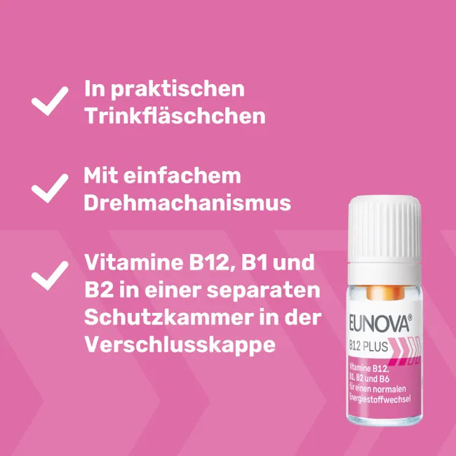 EUNOVA B12 Plus | High-Dose Vitamin B12 500 μg + B1, B2 & B6 | Energy & Fatigue Support | 10 × 8 ml Drinking Ampoules | PZN 14299936