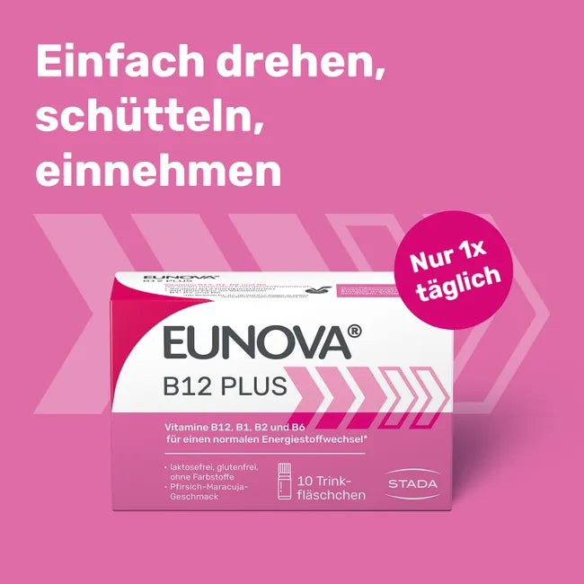 EUNOVA B12 Plus | High-Dose Vitamin B12 500 μg + B1, B2 & B6 | Energy & Fatigue Support | 10 × 8 ml Drinking Ampoules | PZN 14299936
