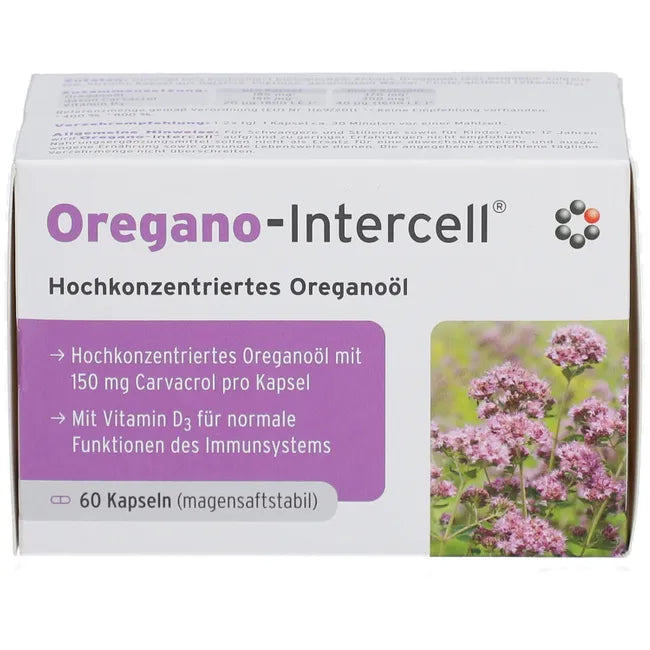 Oregano-Intercell | Oregano Oil 185 mg with Carvacrol 150 mg + Vitamin D3 800 IU | Gastro-Resistant Capsules | Immune Support | 60 Capsules | PZN 14407366
