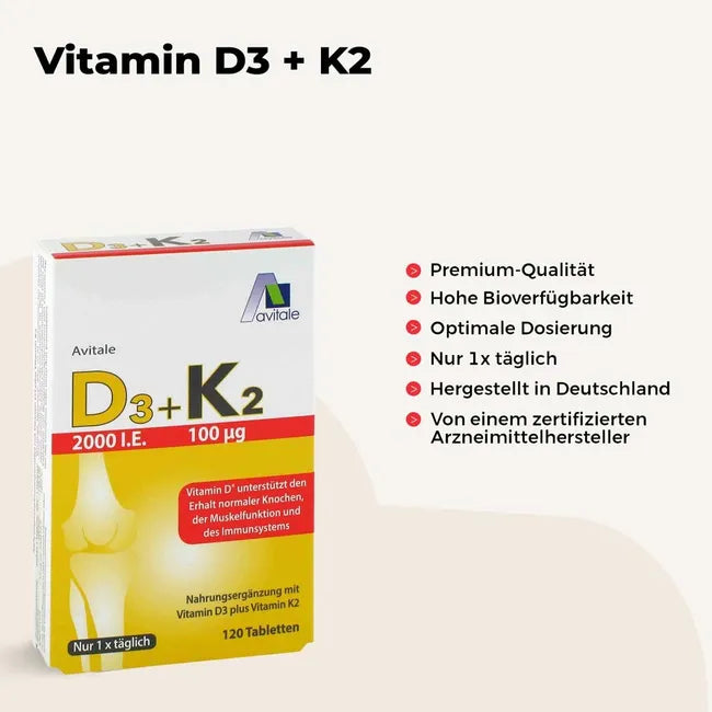 Avitale Vitamin D3 + K2 2000 IU | 50 µg Vitamin D3 + 100 µg K2 MK-7 | Bones, Muscles & Immune Support | 120 Tablets | PZN 15205937