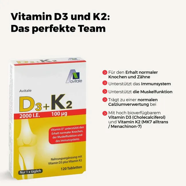 Avitale Vitamin D3 + K2 2000 IU | 50 µg Vitamin D3 + 100 µg K2 MK-7 | Bones, Muscles & Immune Support | 120 Tablets | PZN 15205937