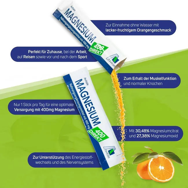 Avitale Magnesium Direct Bundle 200 Sticks Total | Magnesium 400 Orange + Magnesium 400 + B Complex Peach Passion Fruit Pomegranate |  Muscle, Nerve & Energy Support PZN 15529918 + 18769327