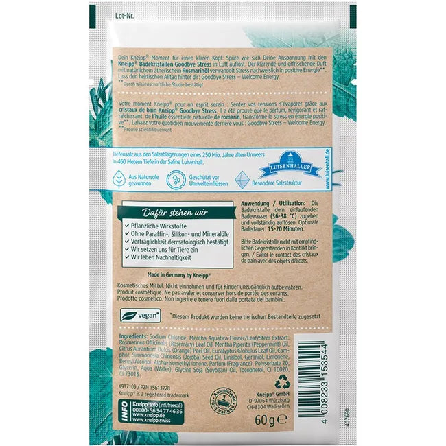 Kneipp Goodbye Stress Bath Crystals | Water Mint & Rosemary Essential Oil | 10 × 60 g Value Pack | PZN 15613228
