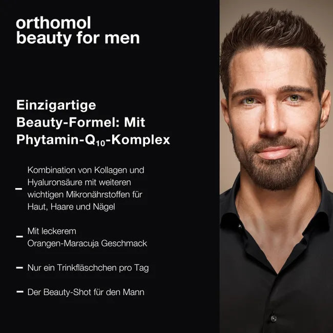 Orthomol Beauty for Men | Collagen, Hyaluronic Acid, Coenzyme Q10 & Olive Extract | Men's Skin, Hair & Nail Support | 30 Ready-to-Drink Vials | PZN 16016960