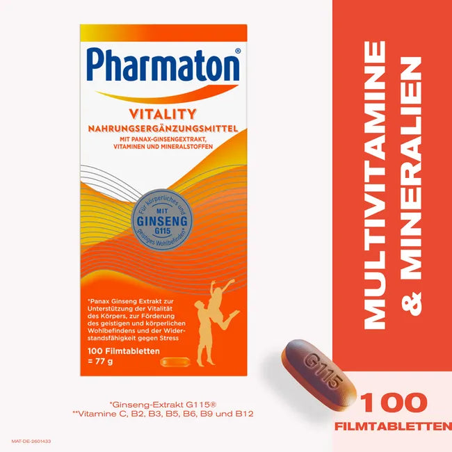 Pharmaton® Vitality with Ginseng G115® | 12 Vitamins + 6 Minerals for Energy & Vitality | 100 Tablets | PZN 16038766