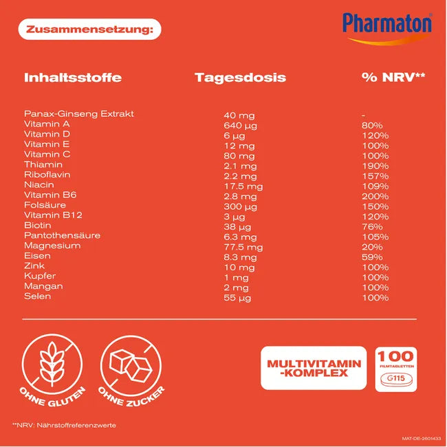 Pharmaton® Vitality with Ginseng G115® | 12 Vitamins + 6 Minerals for Energy & Vitality | 100 Tablets | PZN 16038766