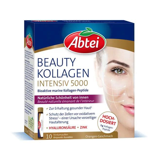 Abtei Beauty Kollagen Intensiv 5000 | Marine Collagen Peptides | 5,000 mg Collagen + Hyaluronic Acid, Vitamin C, Biotin & Zinc | 10 Drinking Ampoules | PZN 16363041