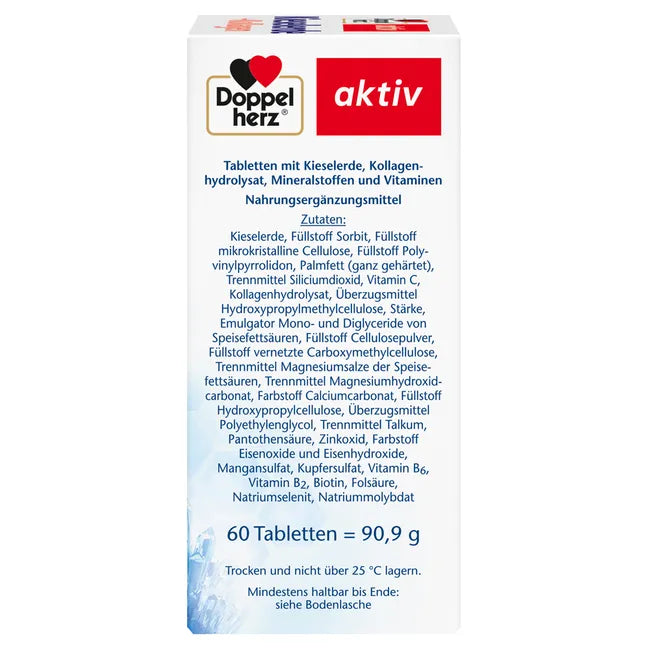 Doppelherz® aktiv Silica + Collagen | Biotin & Zinc for Skin, Hair & Nails | 60 Tablets | PZN 16384474