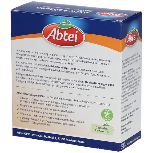 Abtei Active Collagen 5000 Drink Ampoules 10 × 25 ml | FORTIGEL® Collagen Peptides, Vitamin C, Magnesium & Zinc | Orange Flavor | PZN 16506397