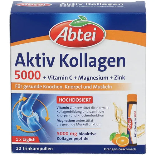 Abtei Active Collagen 5000 Drink Ampoules 10 × 25 ml | FORTIGEL® Collagen Peptides, Vitamin C, Magnesium & Zinc | Orange Flavor | PZN 16506397