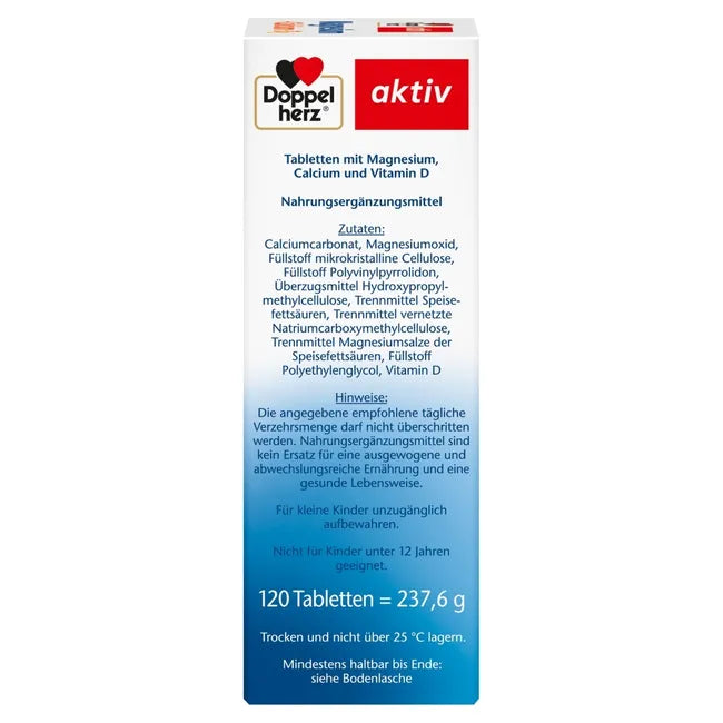 Doppelherz Magnesium + Calcium + D3 | 250 mg Magnesium + 450 mg Calcium & Vitamin D3 | Bone & Muscle Support | 120 Tablets | PZN 16824542