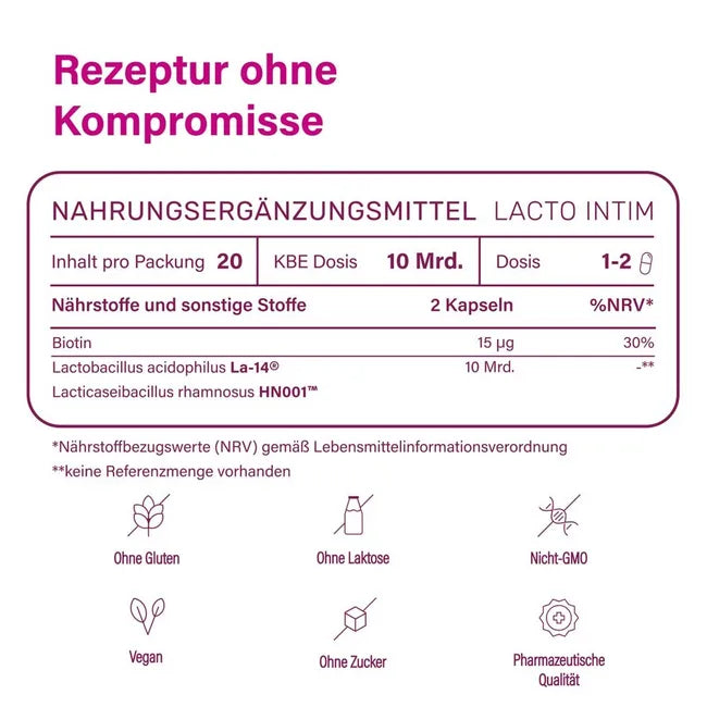 nupure Probaflor Lacto Intim 20 Delayed-Release Capsules | Women's Vaginal Flora Probiotic | 2 Clinically Studied Lactobacillus Strains | 10 Billion CFU | Biotin | PZN 16872328