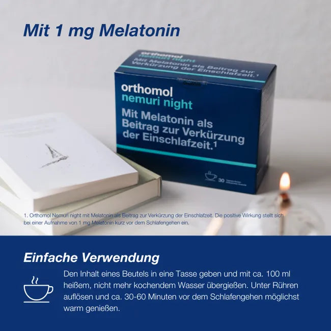 Orthomol Nemuri Night Hot Drink | 1 mg Melatonin + Magnesium, L-Tryptophan, Glycine & Plant Extracts | 30 Sachets | PZN 16918007