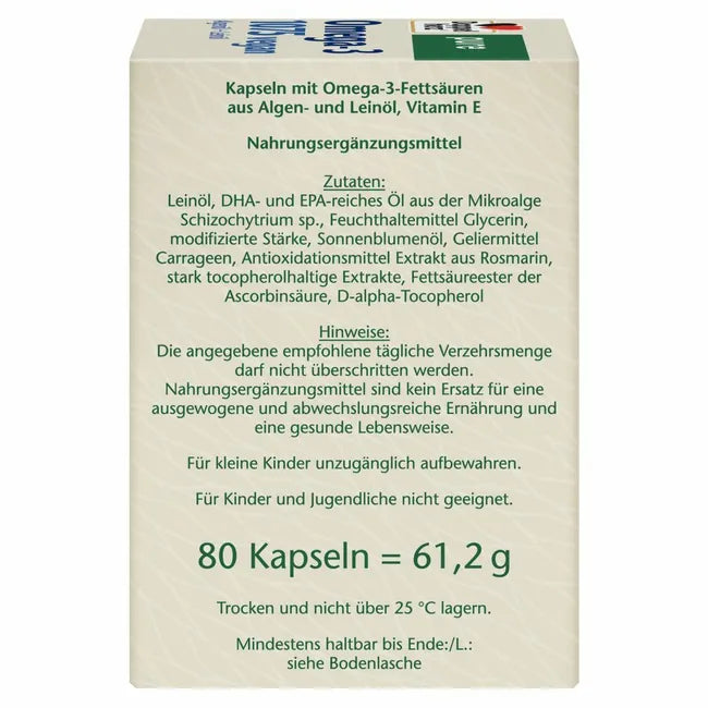 Doppelherz pure Omega-3 1075 Vegan | Algae Oil + Flaxseed Oil | EPA, DHA & ALA + Vitamin E | Fish-Free Plant-Based Omega-3 | 80 Capsules | PZN 17261503