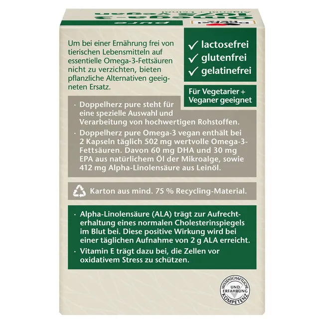 Doppelherz pure Omega-3 1075 Vegan | Algae Oil + Flaxseed Oil | EPA, DHA & ALA + Vitamin E | Fish-Free Plant-Based Omega-3 | 80 Capsules | PZN 17261503