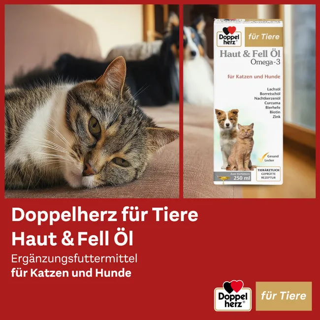 Doppelherz Skin & Coat Omega-3 Oil for Cats & Dogs | Salmon Oil, Omega-3 & 6, Biotin, Zinc & Vitamins | 250 ml | PZN 17305548