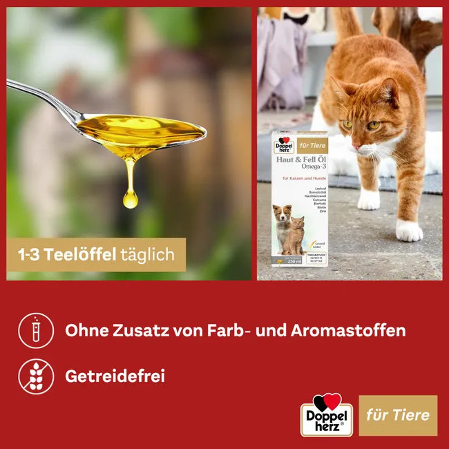 Doppelherz Skin & Coat Omega-3 Oil for Cats & Dogs | Salmon Oil, Omega-3 & 6, Biotin, Zinc & Vitamins | 250 ml | PZN 17305548