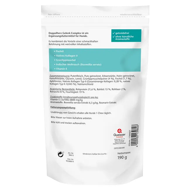 Doppelherz Joint Complex for Dogs | Green-Lipped Mussel, Native Type II Collagen, Omega-3 & Boswellia | Joint & Mobility Support | 60 Chews | PZN 17305637