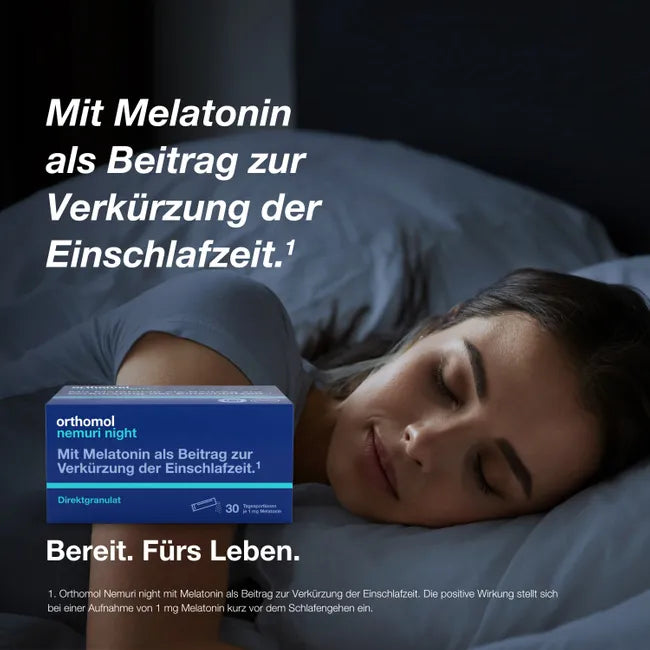Orthomol Nemuri Night | 1 mg Melatonin + Passionflower & Lemon Balm | Blueberry Direct Granules | 30 Sachets | PZN 17440252