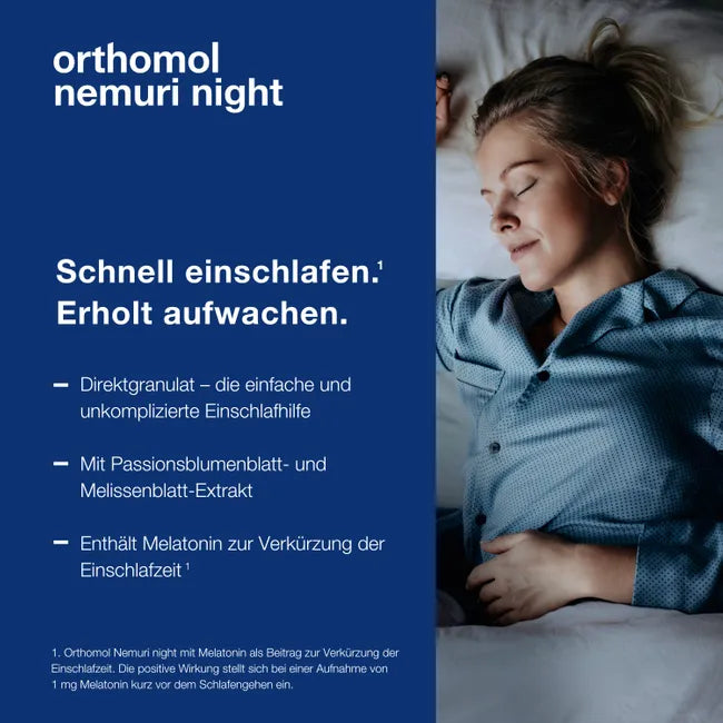 Orthomol Nemuri Night | 1 mg Melatonin + Passionflower & Lemon Balm | Blueberry Direct Granules | 30 Sachets | PZN 17440252