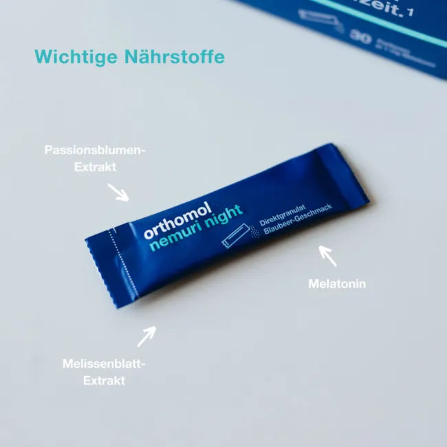 Orthomol Nemuri Night | 1 mg Melatonin + Passionflower & Lemon Balm | Blueberry Direct Granules | 30 Sachets | PZN 17440252
