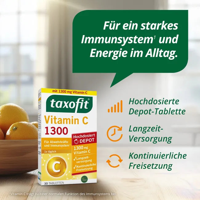 taxofit Vitamin C 1300 Depot | High-Dose 1300 mg Vitamin C | Immune System, Antioxidant & Fatigue Support | Vegan | 30 Tablets | PZN 17450730