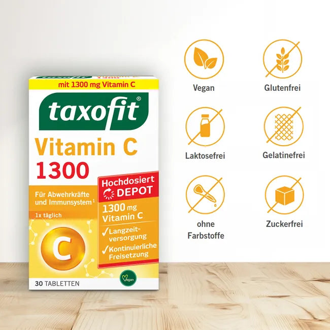 taxofit Vitamin C 1300 Depot | High-Dose 1300 mg Vitamin C | Immune System, Antioxidant & Fatigue Support | Vegan | 30 Tablets | PZN 17450730