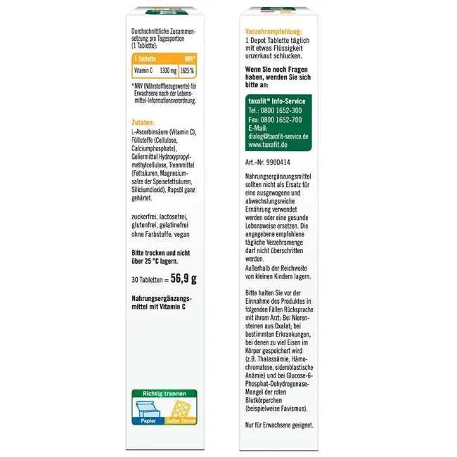taxofit Vitamin C 1300 Depot | High-Dose 1300 mg Vitamin C | Immune System, Antioxidant & Fatigue Support | Vegan | 30 Tablets | PZN 17450730