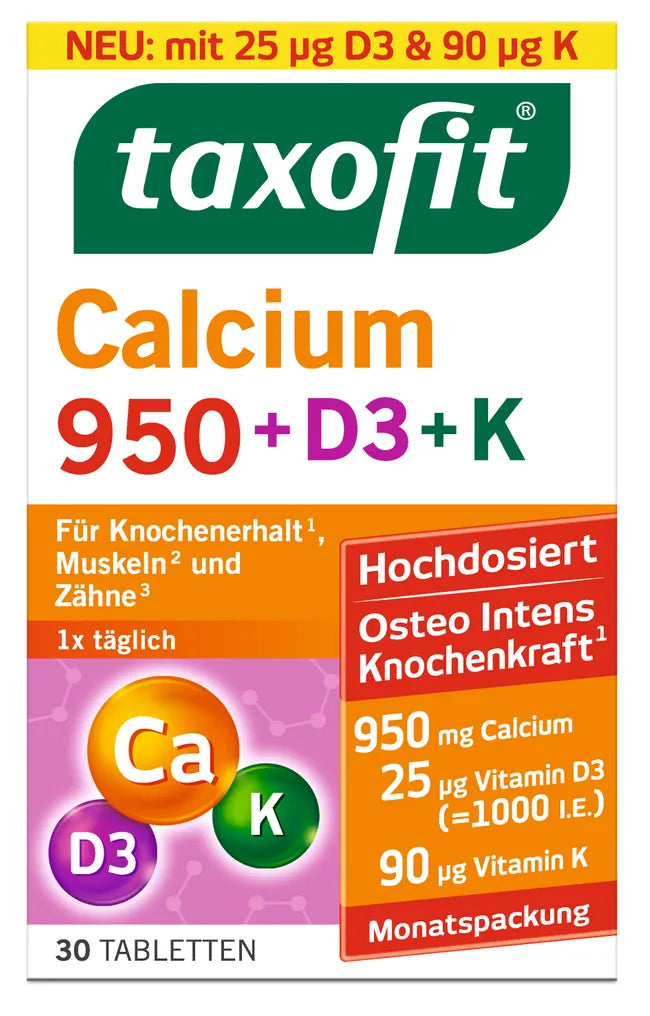 taxofit Calcium 950 + D3 + K | 950 mg Calcium + Vitamin D3 & K1 | Bones, Muscles & Teeth Support | 30 Tablets | PZN 17877517