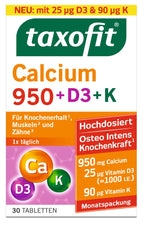 taxofit Calcium 950 + D3 + K | 950 mg Calcium + Vitamin D3 & K1 | Bones, Muscles & Teeth Support | 30 Tablets | PZN 17877517
