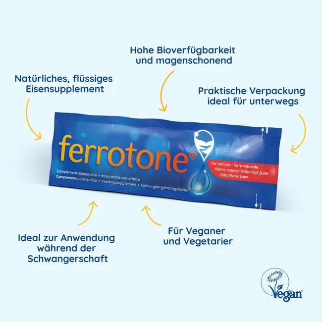 Ferrotone Natural Iron Natural Iron-Rich Water 28 × 20 ml Sachets | Gentle Iron Supplement | 5 mg Iron per Sachet | PZN 17888343