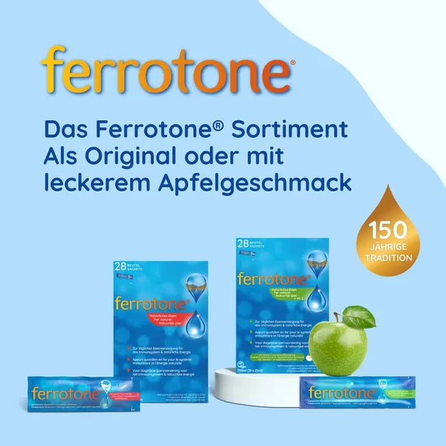 Ferrotone® Natural Iron Apple Natural Iron-Rich Water with Apple Juice & Vitamin C 28 × 25 ml Sachets | Gentle Liquid Iron Supplement | PZN 17888366
