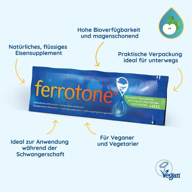 Ferrotone® Natural Iron Apple Natural Iron-Rich Water with Apple Juice & Vitamin C 28 × 25 ml Sachets | Gentle Liquid Iron Supplement | PZN 17888366