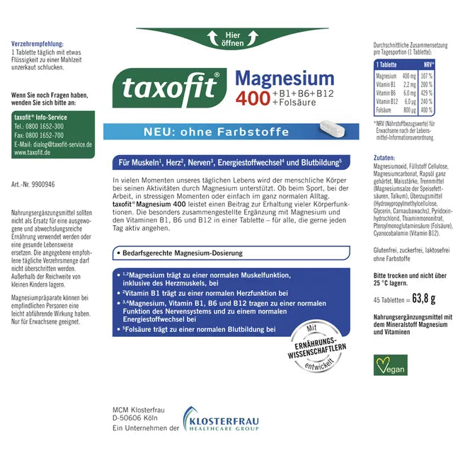 taxofit Magnesium 400 | 400 mg Magnesium + Vitamins B1, B6, B12 & Folic Acid | Muscles, Nerves, Energy & Heart Support | Vegan | 45 Tablets | PZN 17982326