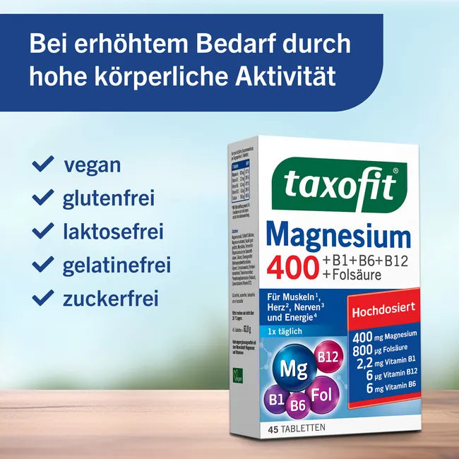 taxofit Magnesium 400 Value Pack 3 × 45 Tablets | 135 Tablets Total | Magnesium 400 mg + Vitamin B1, B6, B12 & Folic Acid | Muscle, Nerve & Energy Support | Vegan Made in Germany PZN 17982326