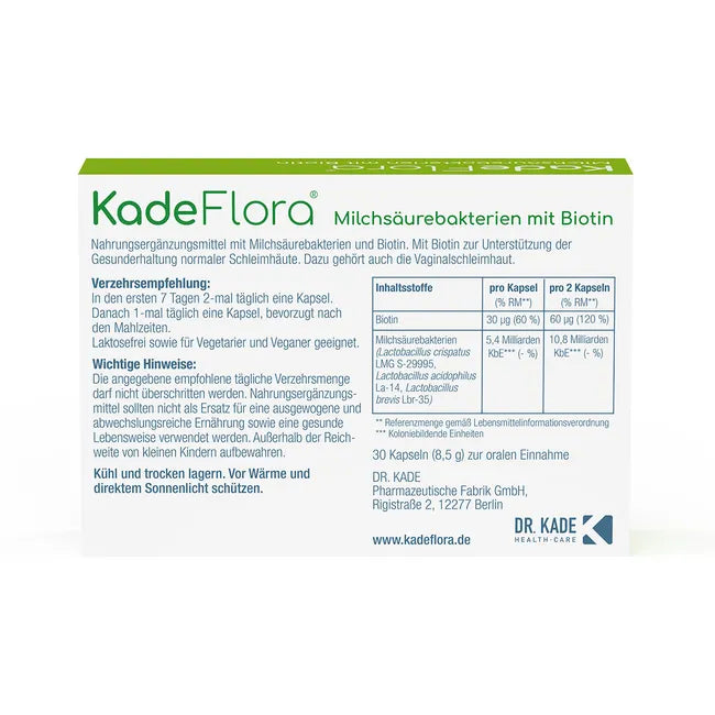 KadeFlora Lactic Acid Bacteria with Biotin 30 Capsules | Women's Vaginal Flora Probiotic | 3 Lactobacillus Strains | 10.8 Billion CFU | PZN 18071012