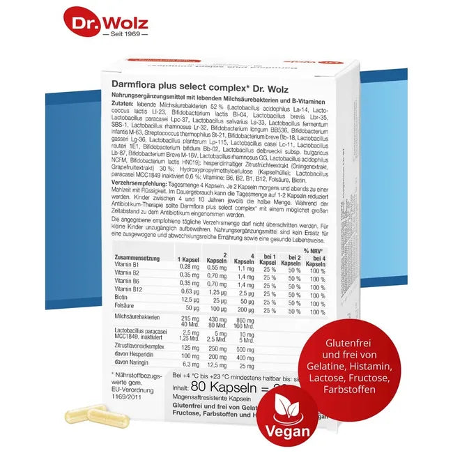Dr. Wolz Darmflora plus select complex | 160 Billion Live Cultures + 23 Strains, PB Formula & Citrus Flavonoids | 80 Capsules | PZN 18084635