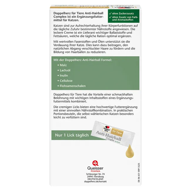 Doppelherz Anti-Hairball Complex for Cats | Malt, Salmon Oil, Inulin, Cellulose & Psyllium | Digestion & Hairball Support | 25 Licks | PZN 18110054