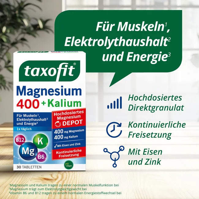 taxofit Magnesium 400 + Potassium | 400 mg Magnesium + 400 mg Potassium, B6, B12, Iron & Zinc | Muscles, Electrolytes & Energy | Vegan | 30 Tablets | PZN 18112952